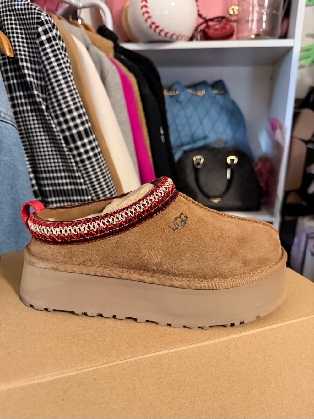 UGG Chestnut Suede Platform Mule with Red & Cream Trim
